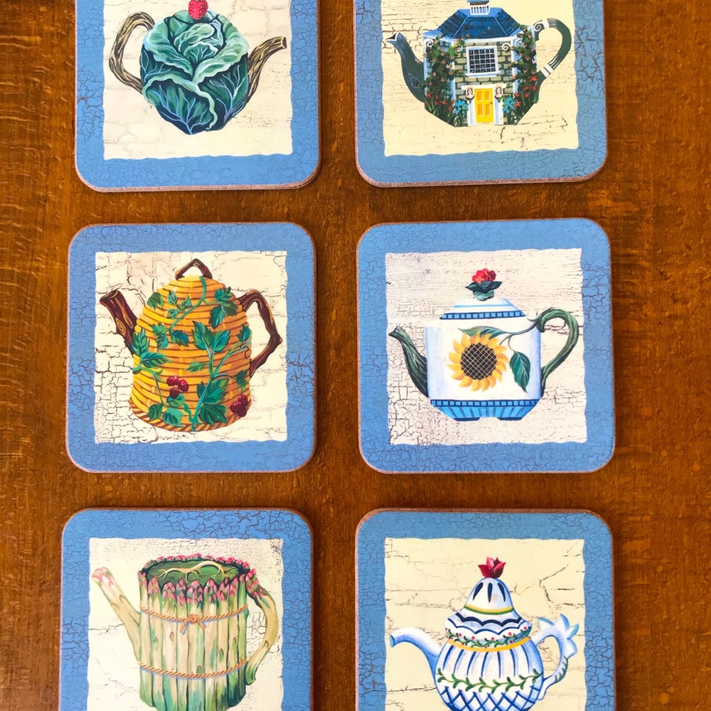 Six Pimpernel coasters variety of whimsical teapots